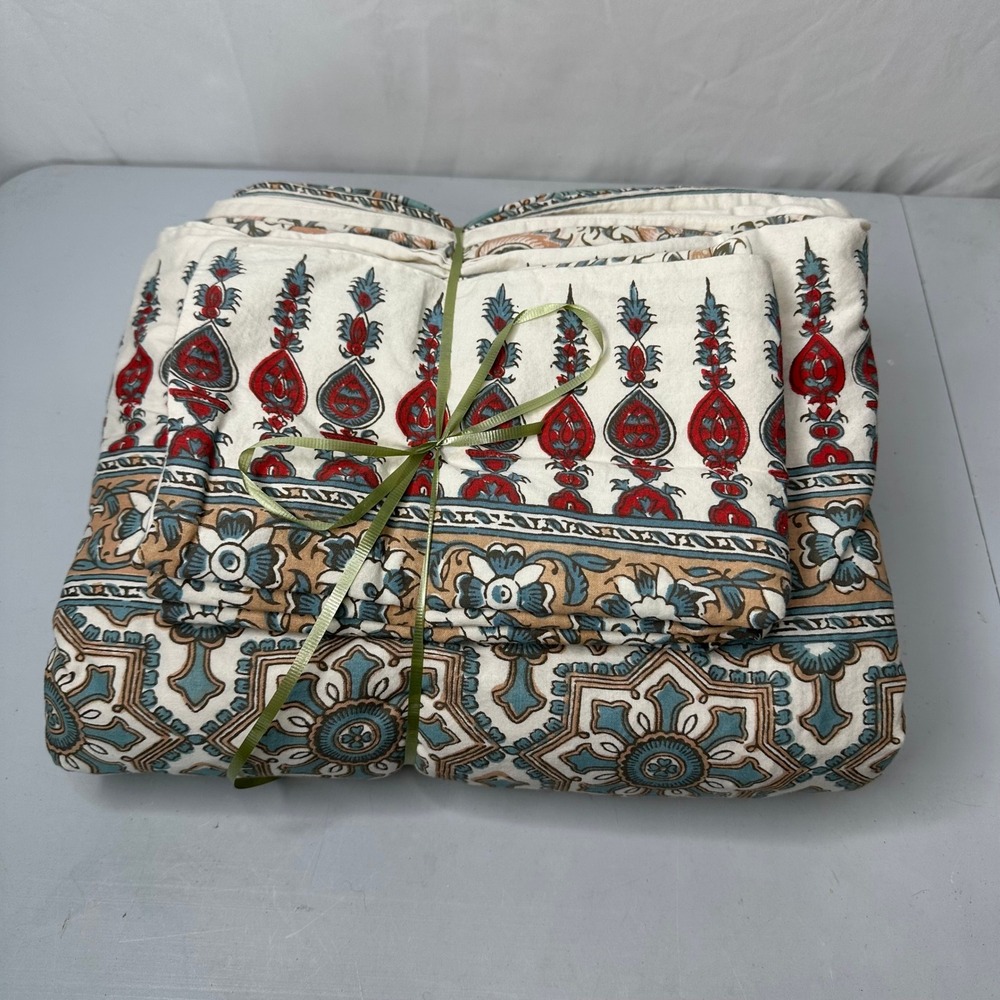 Pottery Barn King Duvet Set 2 Standard Shams Blue Red Floral Cotton Block Print